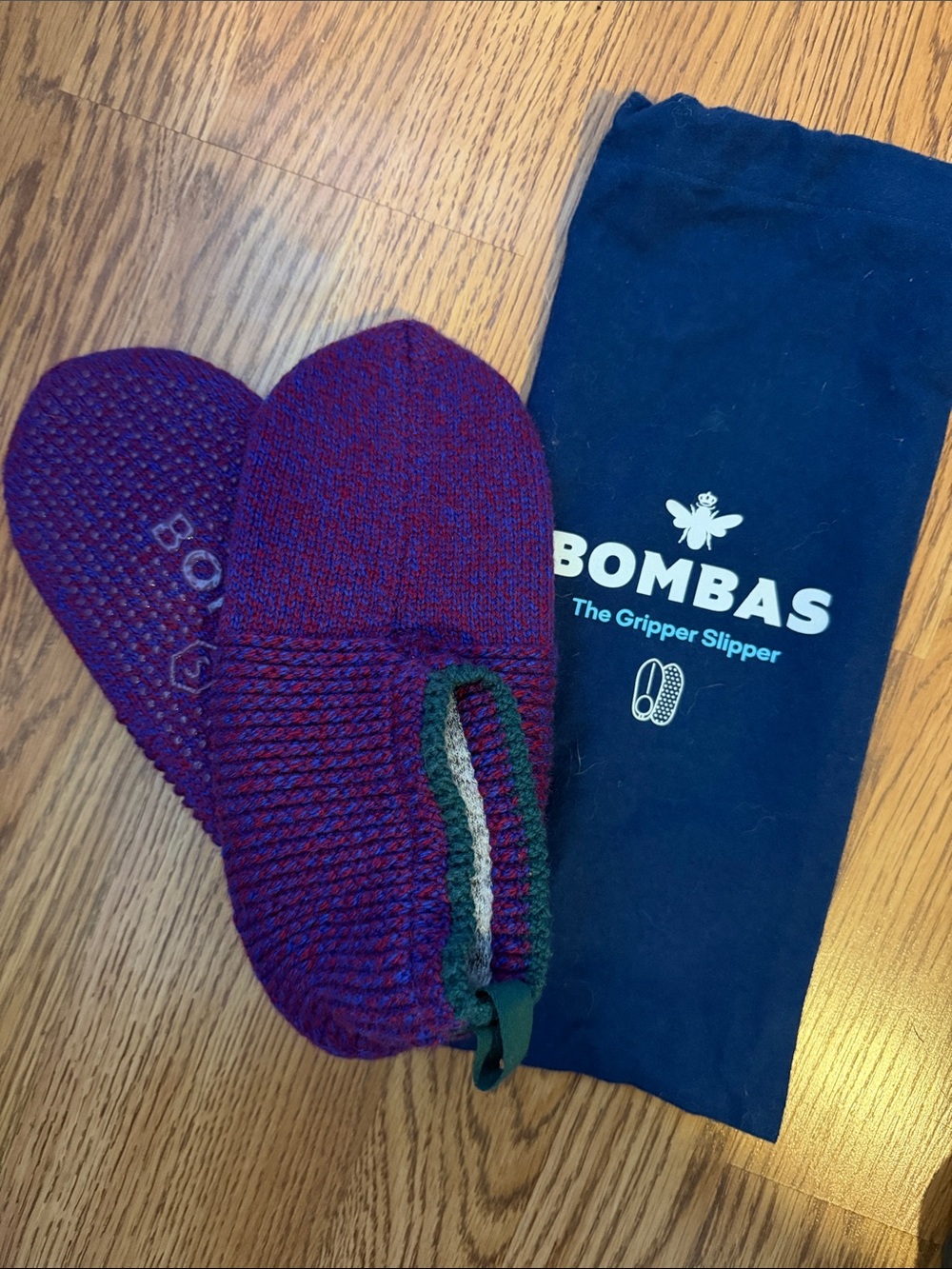 Bombas women’s Purple Gripper Slipper Socks with Green Trim